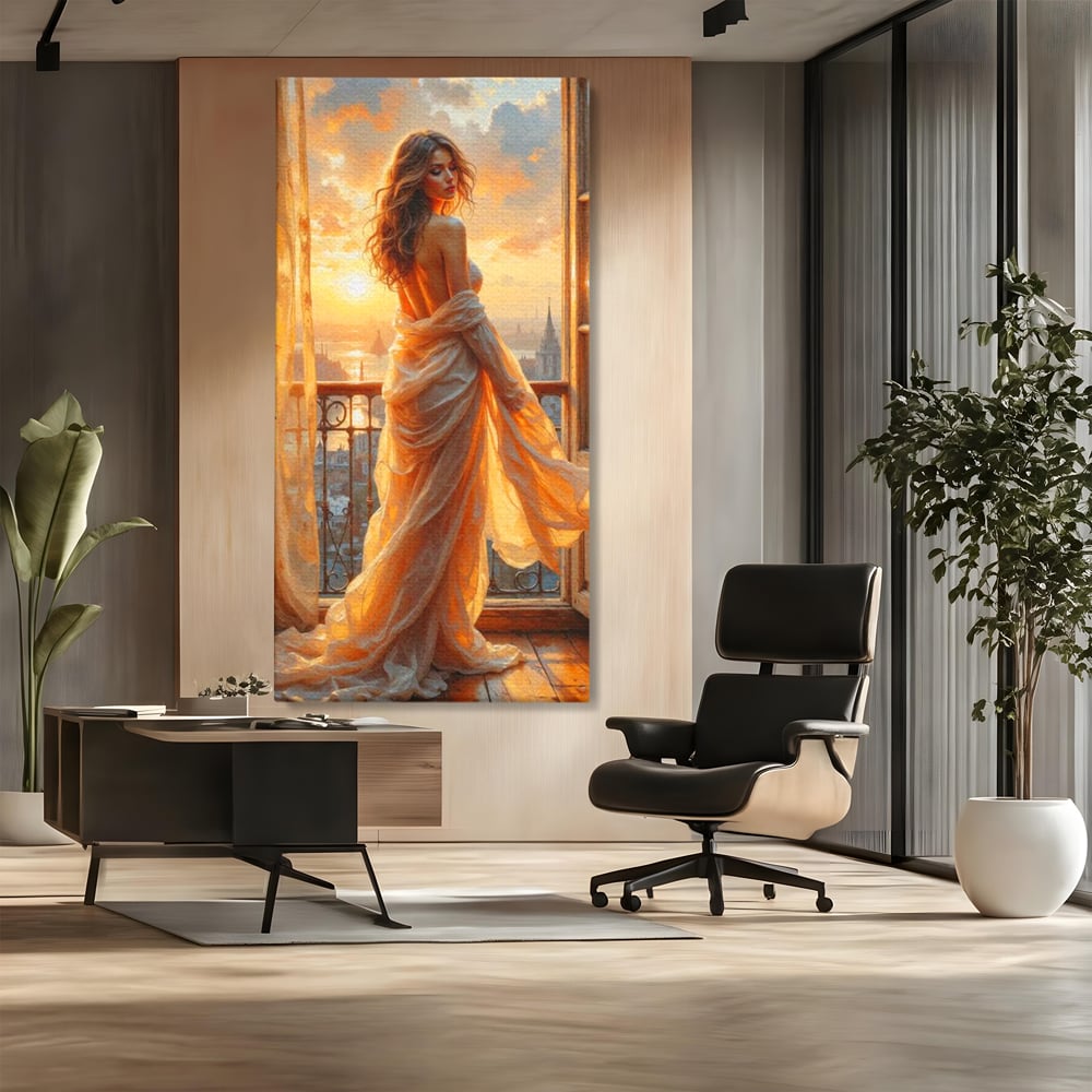 Tablou canvas cu tablou canvas cu femeie la fereastra, fara rama, pe sasiu de lemn, pe perete intr-un birou